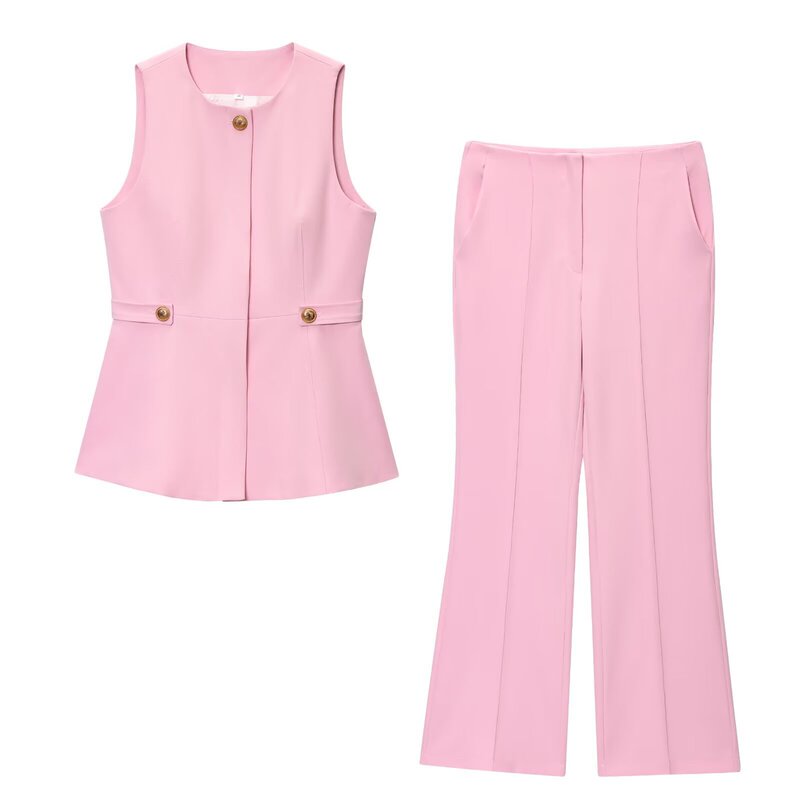 Pb&Za Cross-Border 2025 Summer New Product European and American Style Small Fragrance Set Sleeveless Suit Vest Flared Pants 3701597 Pb&Za Cross-Border 2025 Summer New Product European and American Style Small Fragrance Set Sleeveless Suit Vest Flared Pants 3701597