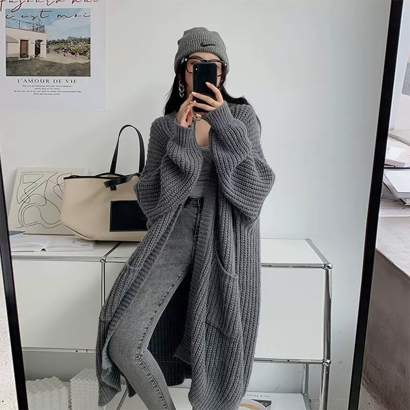 慵懒风粗线针织外套女秋冬新款百搭宽松中长款毛衣开衫上衣潮