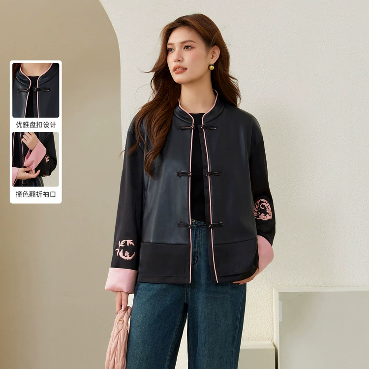 Funny Show большой размер женской одежды новый китайский стиль хипстерского цвета дизайн шитье PUpu кожаное пальто жирный mm2024 осенний новый стиль