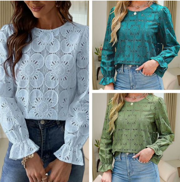 2025 Cross-Border New European and American Spring Fashion Tops Long-Sleeved Lace Tops Business Women's Clothing