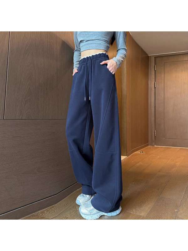 藏青色弯刀阔腿裤女春秋2025新款高腰休闲直筒卫裤美式香蕉运动裤|undefined