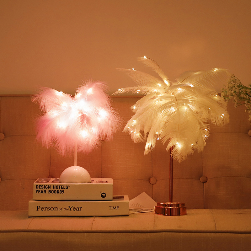Lámpara de plumas lámpara de mesa lámpara de alambre de cobre diente de león ins lámpara de mesa de plumas Internet celebridad habitación romántica Lámpara decorativa Cadena de luz nocturna
