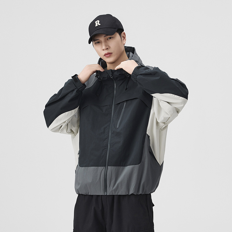 Outdoor Hiking Color-Block Hooded Jacket for Men Versatile Trendy High-End Cardigan Zipper Top Autumn Winter