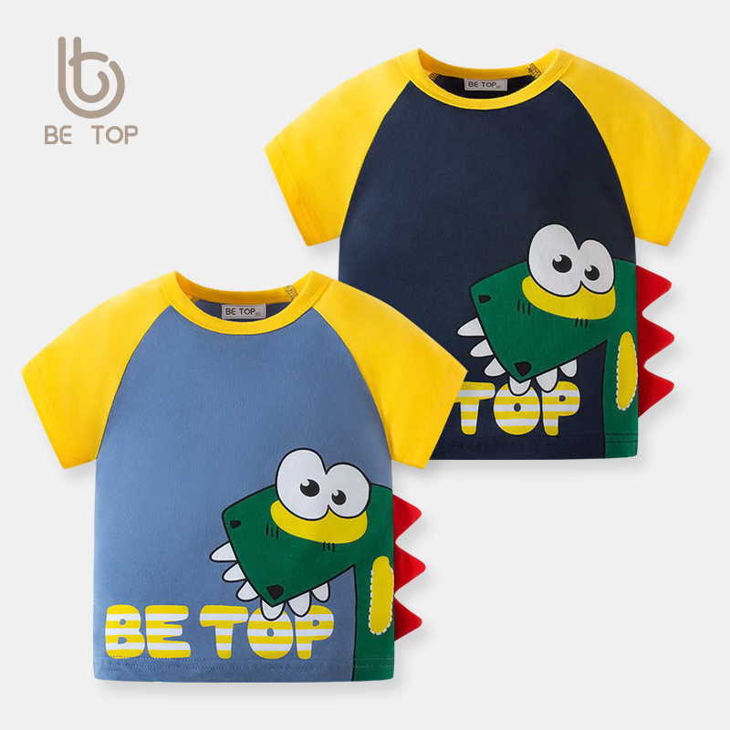 Betop ropa para niños 2024 nuevo verano nuevos niños de manga corta de dibujos animados dinosaurio color a juego de algodón puro bebé camiseta de niño