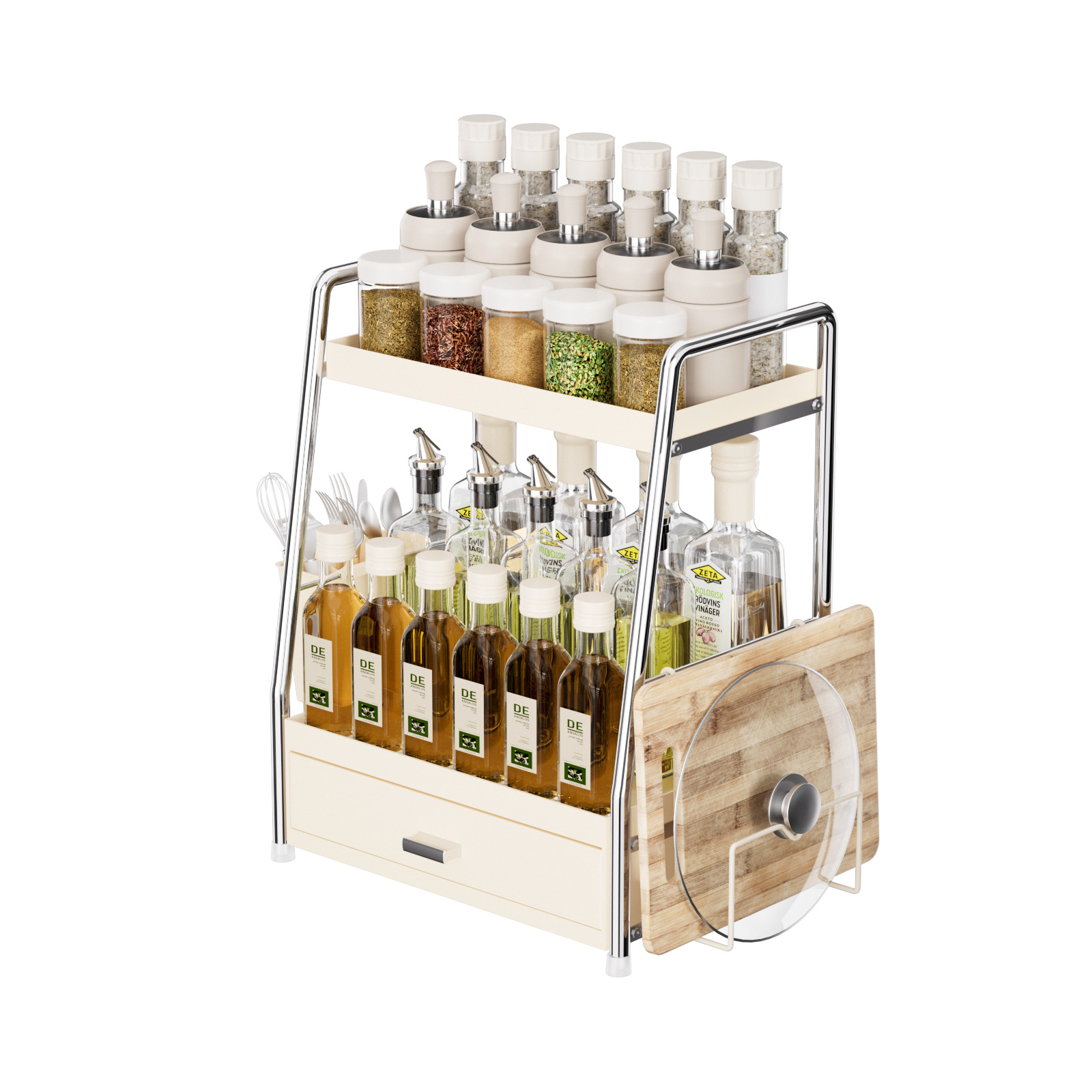 Estante de cocina de estilo crema Estante de condimento de encimera Condimento multicapa Estante de almacenamiento de vinagre de salsa de sal y aceite doméstico