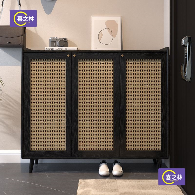 Black Shoe Cabinet, Rattan Dustproof Vintage Shoe Rack, Oak, for Home Entrance, Indoor Foyer, Hallway, All Solid Wood