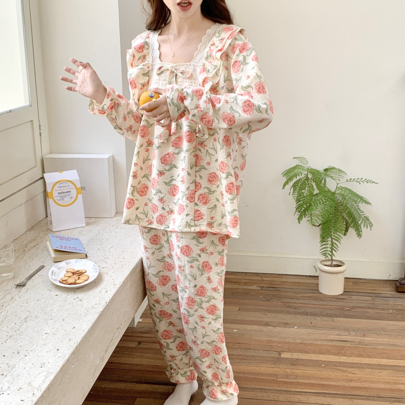 Pequeño floral Rosa otoño y el invierno nuevo pijamas de las mujeres tejidas algodón fresco manga larga dulce encaje hogar desgaste traje