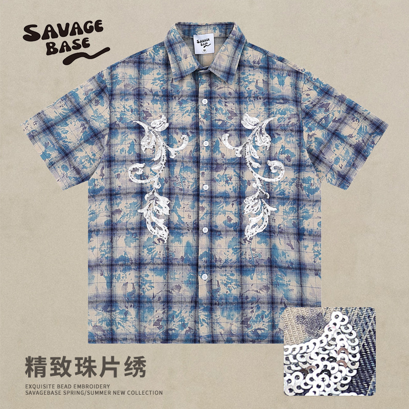 Exquisite Sequin Embroidery American Retro Tie-Dye Plaid Blue Shirt Summer Distressed Washed Short-Sleeved Shirt for Men Cross-Border