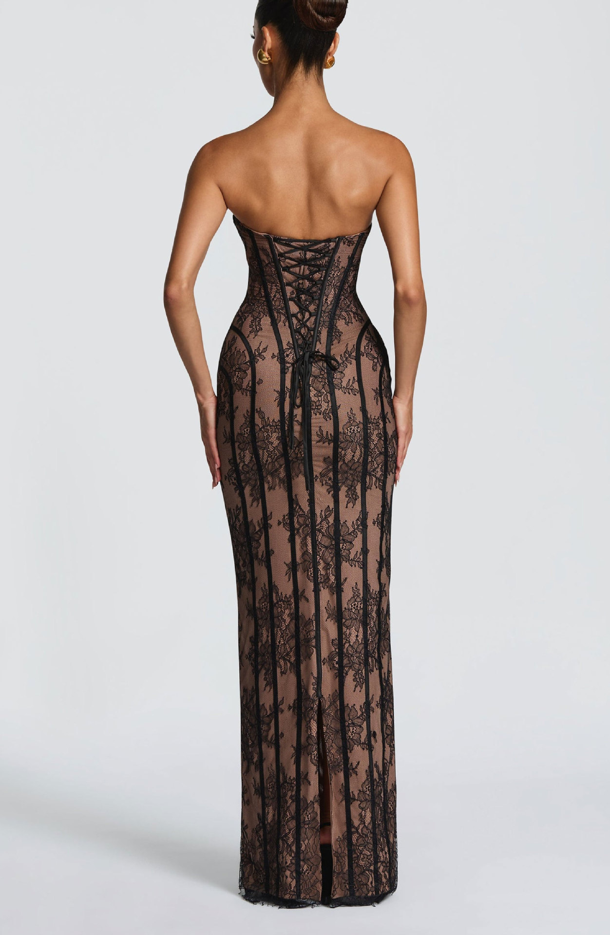 Elegant Lace Long Bodycon Dress For Evening Parties - Stunning High-Waisted Corset Design With Sheer Mesh & Floral Embroidery​_ecoleips.com