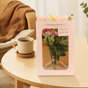 Transparent Windowed Tote Paper Bags for Flowers, Dolls, and Gift Bags Wholesale, Minimalist Style White Card Paper for Cross-Border Use