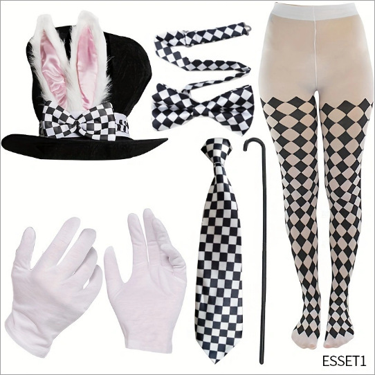 Nuevo traje de Pascua, sombrero alto con orejas de conejo, sombrero de Pascua, pajarita decorativa, calcetines por encima de la rodilla, reloj de bolsillo, camino de la ropa