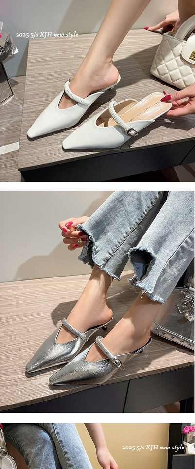 Sandal nữ bít mũi mũi nhọn gót nhỏ kiểu mule quai hậu thanh lịch — Màu bạc, Màu trắng be, Màu vàng chi tiết 10