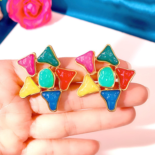 Direct Manufacturer Sale Vintage Flower Glass Palace Style Fashion Retro S925 Silver Needle Geometric Earrings Wholesale