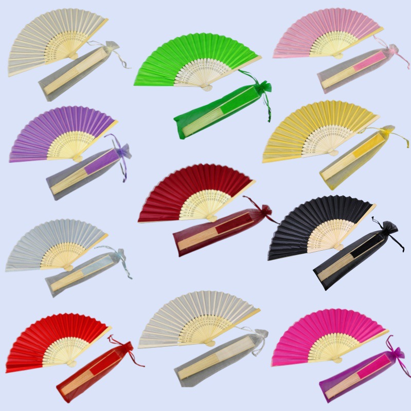 21CM扇子+纱袋多色纯色婚礼布扇竹骨丝绸布面结婚回礼优雅扇