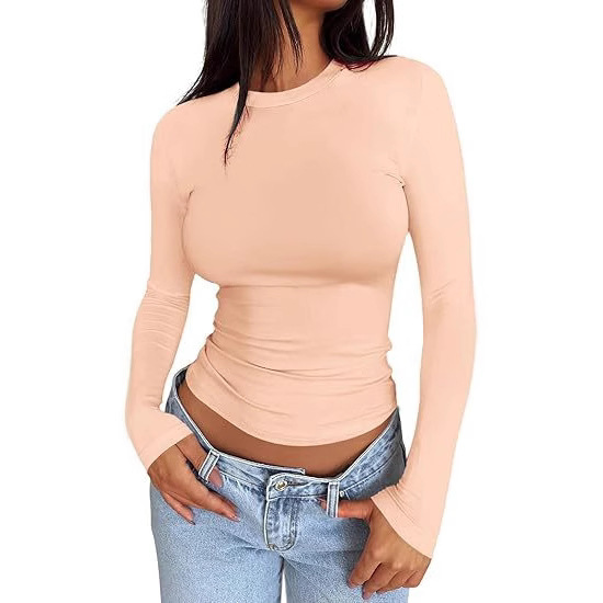 2025 European and American cross-border women's new autumn casual slim-fit round-neck sexy versatile solid color long-sleeve top