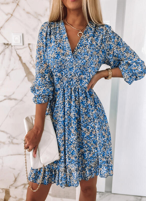 Mid Waist Waist Line Holiday, Daily Occasion V Neck Neckline Wholesale Women'S Casual Vacation Printing Ditsy Floral Holiday Daily V Neck 3/4 Length Sleeve Floral Dress