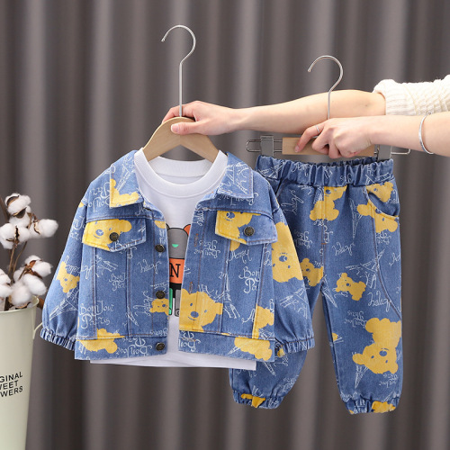 Spring and Autumn New Denim Cardigan Jacket Children's Trendy Suit Boys and Girls Jeans Three-piece Set Wholesale Shipping