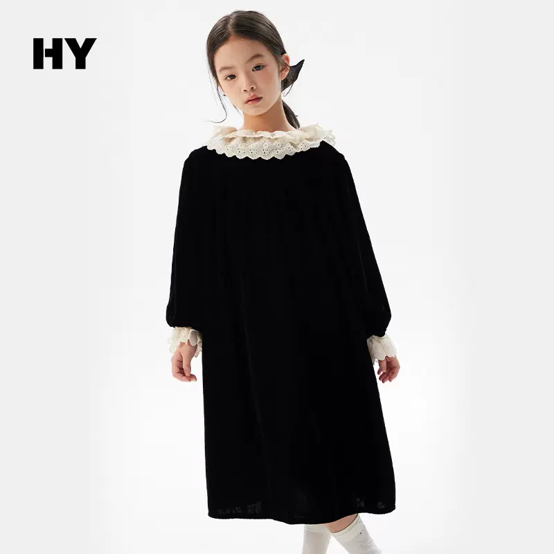 女童丝绒连衣裙2025秋冬新款儿童韩版花边加绒裙子中大童冬季长裙