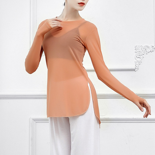 Modern classical folk dance practice clothes for women, body training teachers, yoga long-sleeved mesh finger tops for adults