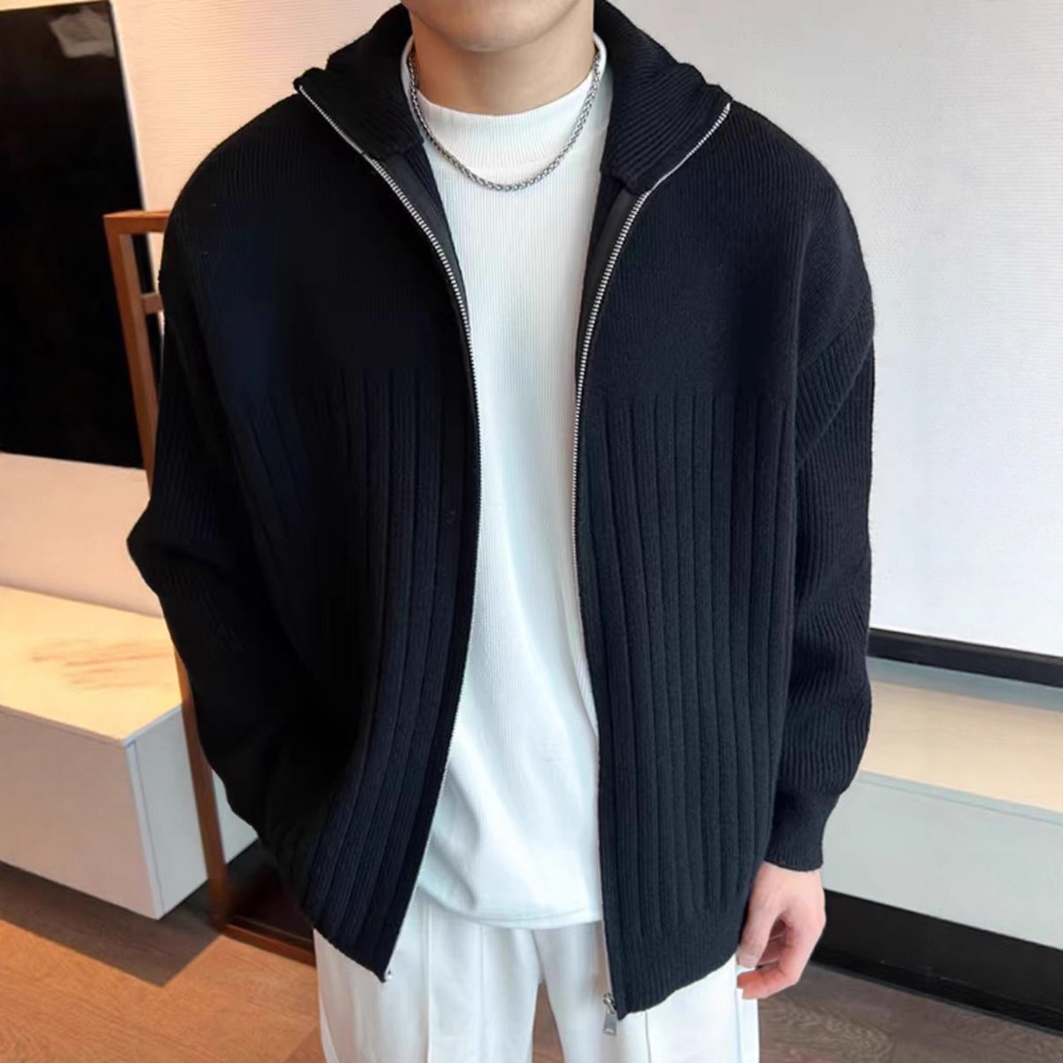 Color sólido retro holga camisa de punto suéter de cuello alto de hombre con cremallera de cuello de moda cardigan chaqueta de alta calidad simple