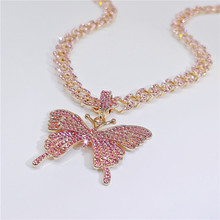 欧美跨境潮流女士个性夸张单层锁骨粉色满钻大蝴蝶合金古巴粗项链