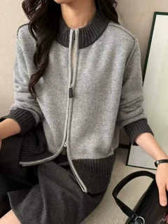 慵懒风撞色拼接立领拉链针织开衫女短款纯羊毛秋冬显瘦毛衣外套