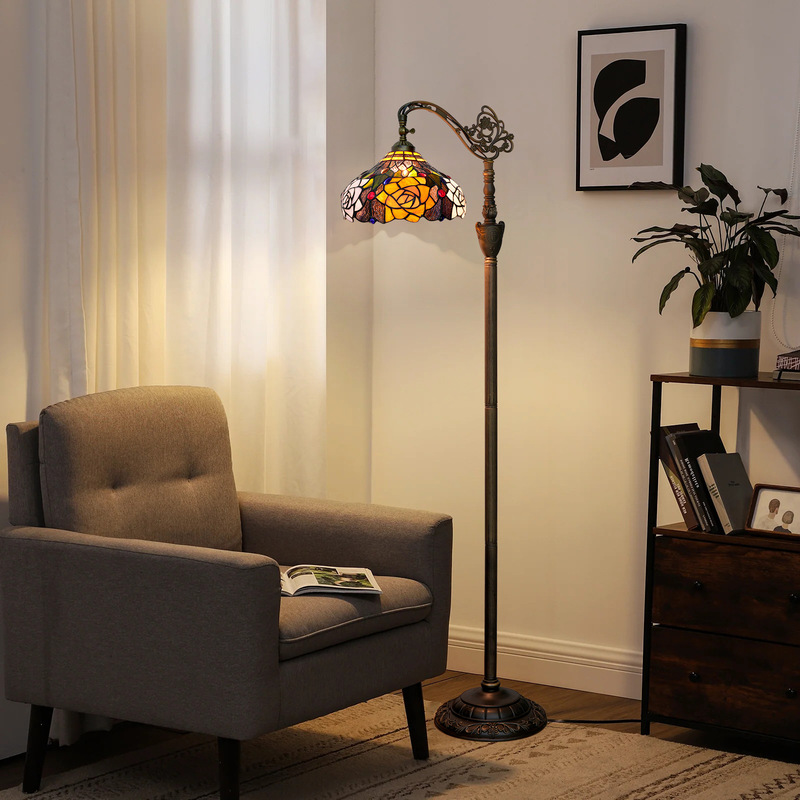 Ouyu Tiffany Traditional Medieval Style 30cm Deep Purple Rose Indoor Lighting Soft Arched Gooseneck Floor Lamp