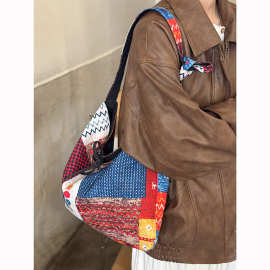 复古牛仔双面斜挎包女新款韩版大容量波西米亚风单肩托特包拼布包