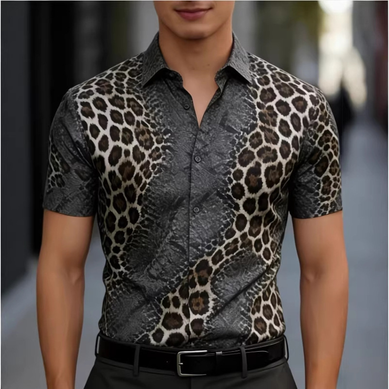 Cross-Border Men's Leopard Print Shirt Top Summer Street Fashion Non-Iron Slim Fit Short-Sleeved Shirt Men's Shirt