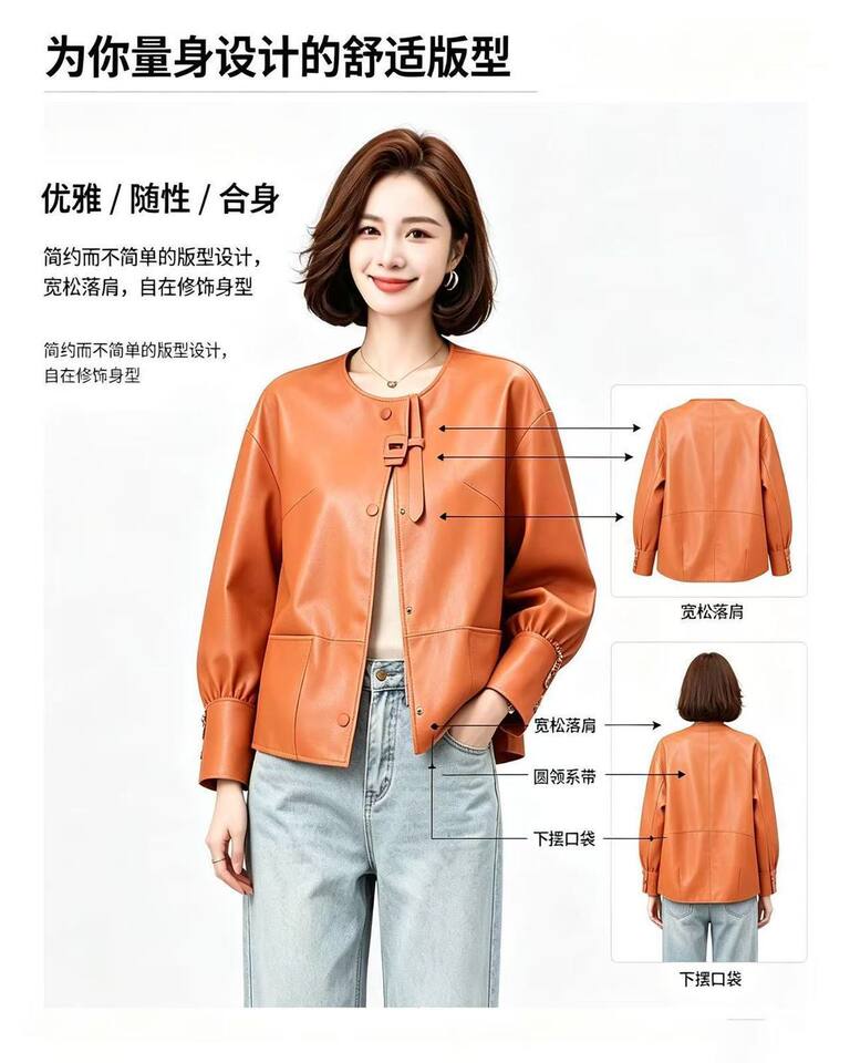 Áo khoác da nữ dáng ngắn ôm vừa, cổ lập, tay dài, phong cách thanh lịch — Cam Hermès, đen chi tiết 2