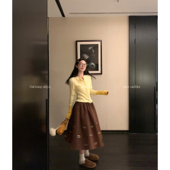 欧阳 镂空半身裙女春季新款A字裙高腰显瘦伞裙复古中长款裙子
