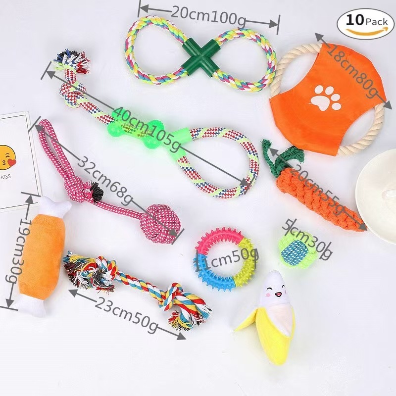 Amazon se especializa en combinación de juguetes para mascotas, juego de 10 piezas, combinación de juguetes de cuerda de algodón, juguetes de cuerda para perros, nudos, molares