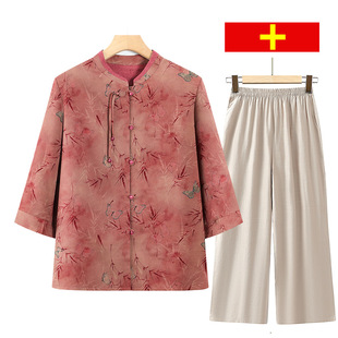 Grandma's Shirt Suit, Mother's Three-Quarter Sleeve Round Neck Top, Old Lady's Summer Dress, New Style Chinese Style Clothes Two-Piece Set
