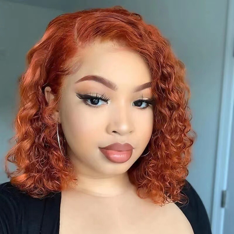 Cross-Border African Women's Wig Short Curly Hair Machine-Made Front Lace Orange Side-Parted Small Curly Short Wig Headgear