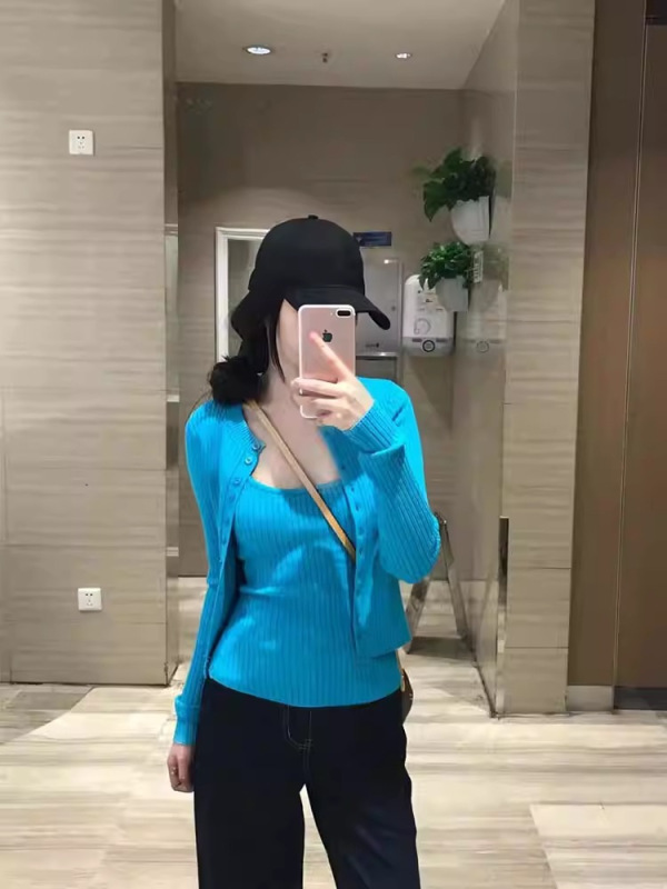 韩系显白蓝色甜辣妹针织吊带开衫两件套女早秋季2025新款长袖套装|undefined