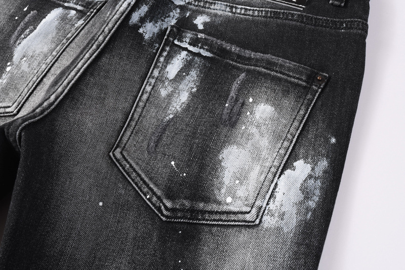 Men's Distressed Slim Fit Jeans Black Grey Washed Denim Pants with Paint Splatter And Knee Rips Streetwear Skinny Trousers_mkmklike.com