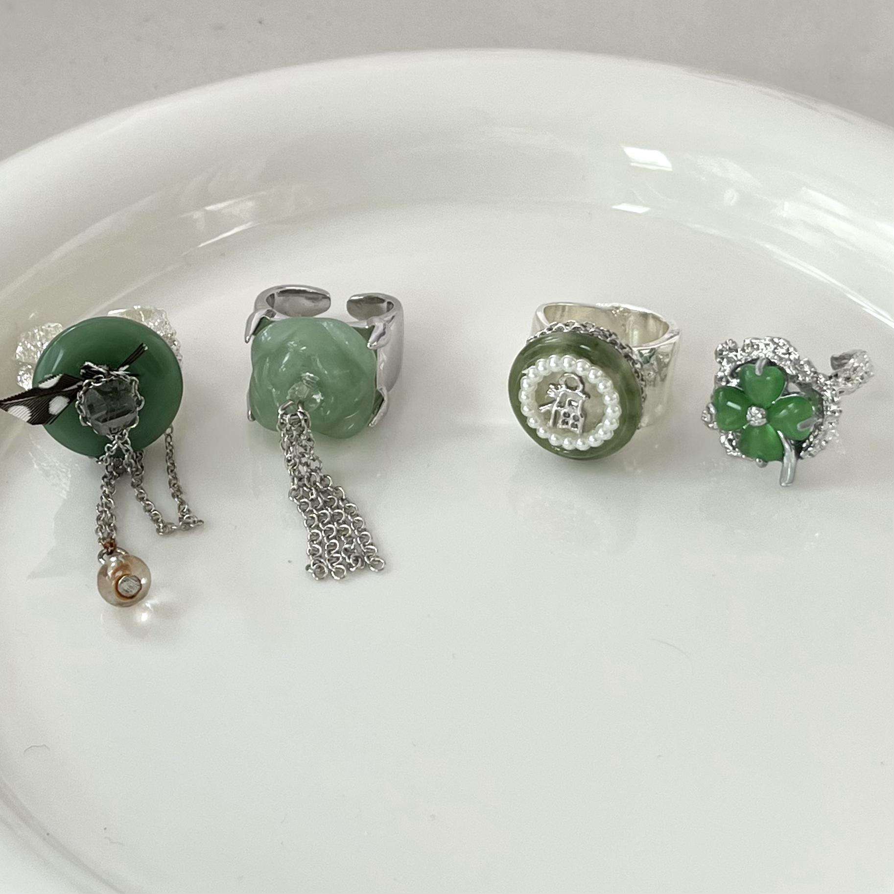 Chinoiserie Four Leaf Clover Flower Alloy Plating Inlay Pearl Open Ring