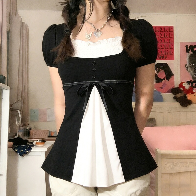 Cute Girly Style Basic Casual Short T-Shirt in Black and White with Contrasting Pleated Square Neck and Tie Design, Doll-Style Hem Top Cute Girly Style Basic Casual Short T-Shirt in Black and White with Contrasting Pleated Square Neck and Tie Design, Doll-Style Hem Top