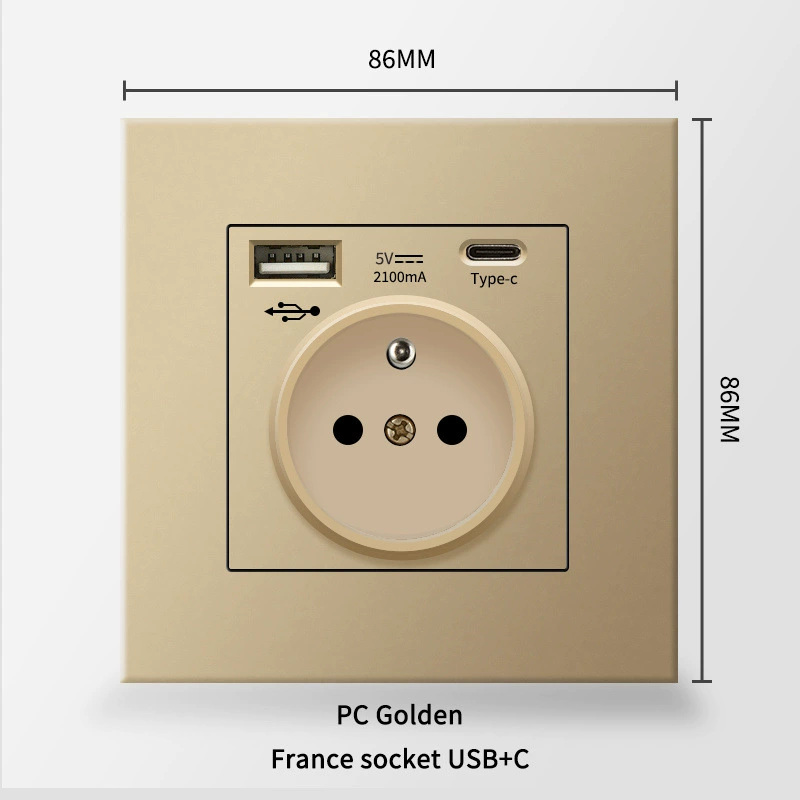 86 евростандартная панель розетки с французской вставкой, Type-C + USB, европейский стандарт 16A, стеклянная панель