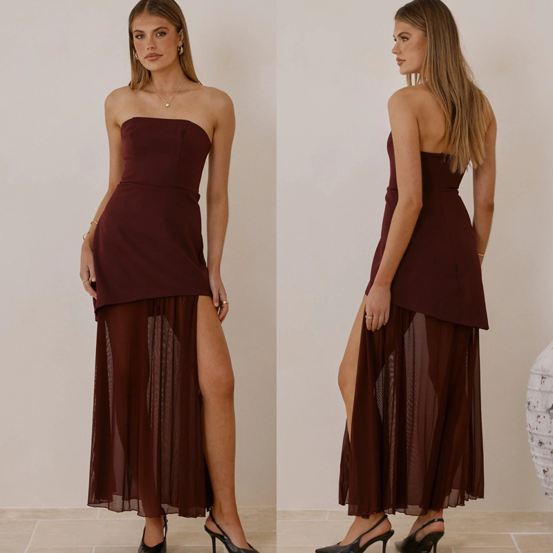 In-Stock 2025 New Strapless Sleeveless Dress European and American Cross-Border Aliexpress New Socialite Spliced Mesh Long Dress In-Stock 2025 New Strapless Sleeveless Dress European and American Cross-Border Aliexpress New Socialite Spliced Mesh Long Dress