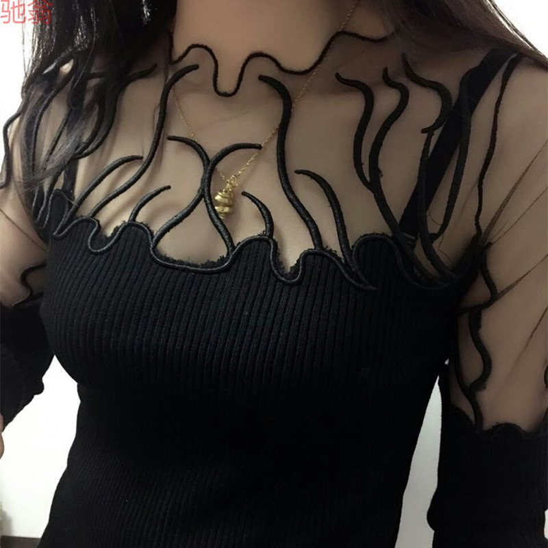 Y9Z Spring and Autumn New Korean Style Slim Fit Elastic Base Shirt Sweater Women's Pullover Long Sleeve Sexy Hollow Lace Knitted
