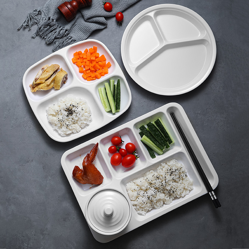 Melamine four-grid divided plate white plastic fast food plate imitation porcelain school canteen dining hall tableware wholesale Melamine four-grid divided plate white plastic fast food plate imitation porcelain school canteen dining hall tableware wholesale