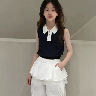 女童无袖t恤儿童背心夏装2026新款藏青色时髦翻领衣服潮流上衣酷1