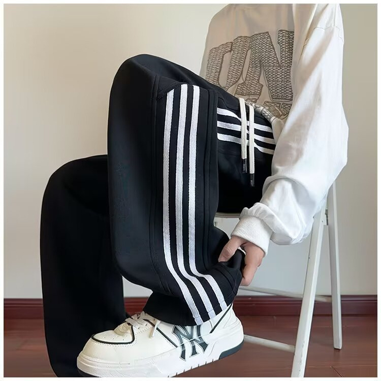 Spring and Autumn Casual Pants Side Stitching Three Bars fleece-lined Casual All-match Pants Men's Autumn American Straight Pants Spring and Autumn Casual Pants Side Stitching Three Bars fleece-lined Casual All-match Pants Men's Autumn American Straight Pants