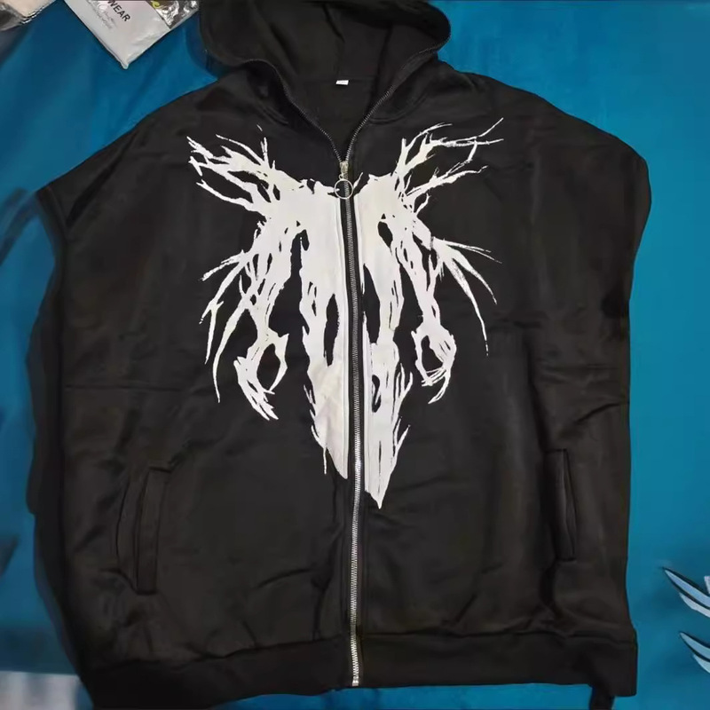 Cross-border Explosions Full-face Zipper Sweater American-style Abstract Hip-hop Printed Hoodie Street Casual Loose Couples Shirt