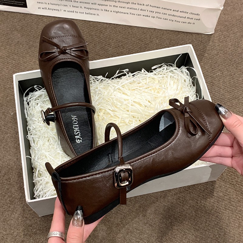 프랑스 스타일 활 플랫 메리 제인 싱글 레이어 신발 여성 2024 겨울 새로운 영국 스타일 올 매치 싱글 레이어 신발 버클