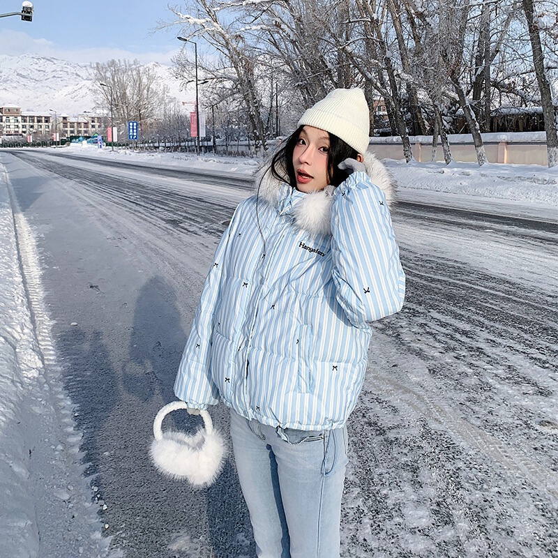 条纹印花加厚保暖棉服外套女2025春季新款韩系甜美毛毛翻领棉衣潮|undefined