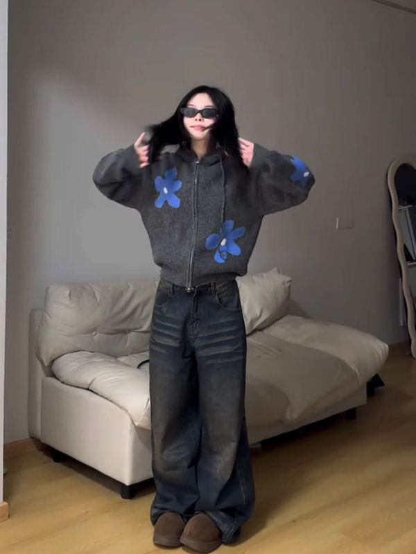 韩系灰色拉链连帽针织衫开衫毛衣女秋冬季感慵懒宽松外套上衣|undefined