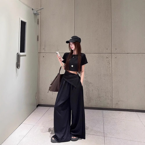Lady's Fashion Set 2025 Summer High-Waist Slimming Casual Top T-Shirt Loose Wide-Leg Pants Set