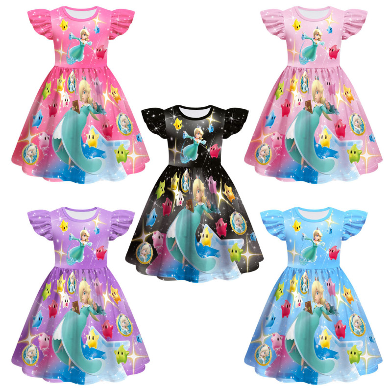 Cross-Border New Model Super Mario Princess Rosalina Printed Flutter Sleeve Children's Dress A-Line Dress